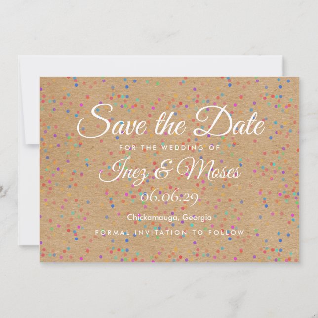 Rustic Kraft Rainbow Confetti Save the Date (Front)
