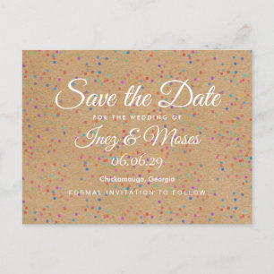 Rustic Kraft Rainbow Confetti Save the Date Announcement Postcard