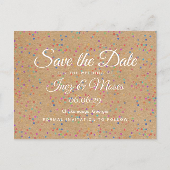 Rustic Kraft Rainbow Confetti Save the Date Announcement Postcard (Front)