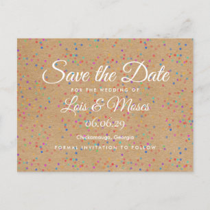 Rustic Kraft Rainbow Confetti Save the Date Announcement Postcard