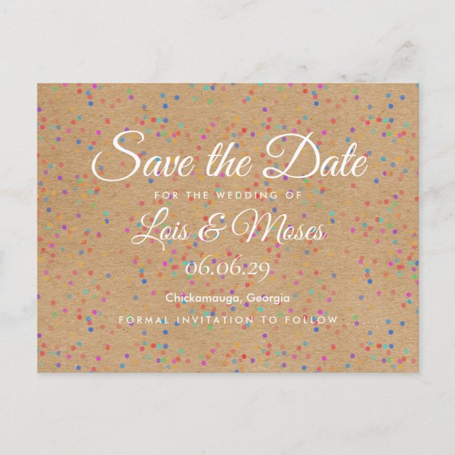 Rustic Kraft Rainbow Confetti Save the Date Announcement Postcard (Front)