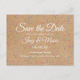 Rustic Kraft Rainbow Confetti Save the Date Postcard