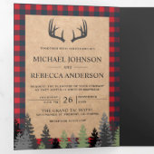 Rustic Kraft Red Buffalo Plaid Deer Antler Wedding Tri-Fold Invitation (Inside First)