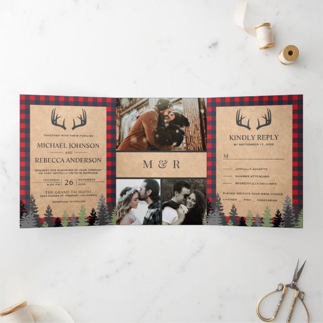 Rustic Kraft Red Buffalo Plaid Deer Antler Wedding Tri-Fold Invitation (Inside)