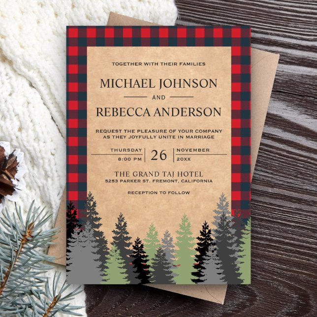 Rustic Kraft Red Buffalo Plaid Evergreen Wedding Invitation (Creator Uploaded)