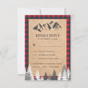 Rustic Kraft Red Buffalo Plaid Mountain Wedding RSVP Card