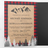 Rustic Kraft Red Buffalo Plaid Mountain Wedding Tri-Fold Invitation (Inside First)