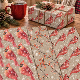 Rustic Kraft Red Cardinal Birds & Ilex Berries Wrapping Paper Sheets