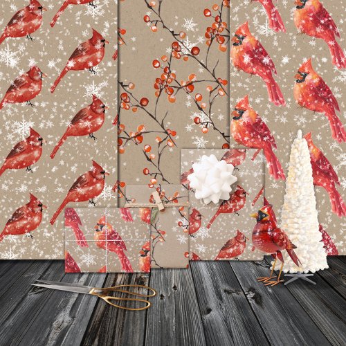 Rustic Kraft Red Cardinal Birds  Ilex Berries Wrapping Paper Sheets