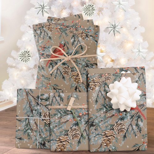 Rustic Kraft Red Cardinal Juniper Branches Berries Wrapping Paper Sheets