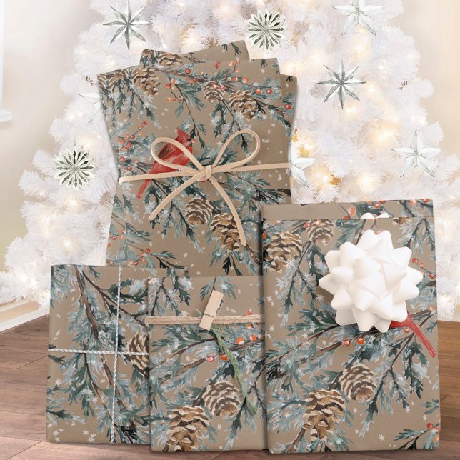Rustic Kraft Red Cardinal Juniper Branches Berries Wrapping Paper Sheets (Creator Uploaded)