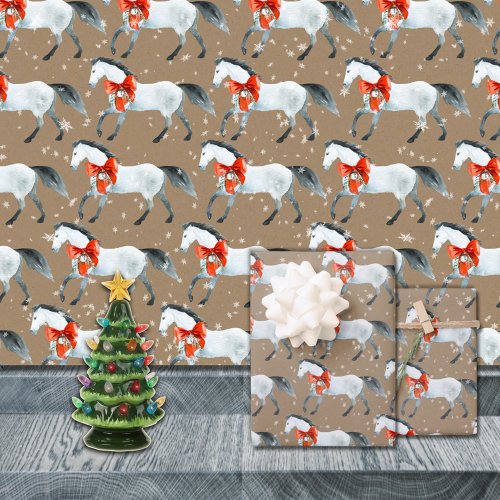 Rustic Kraft Red Christmas Bows On White Horses Wrapping Paper Sheets