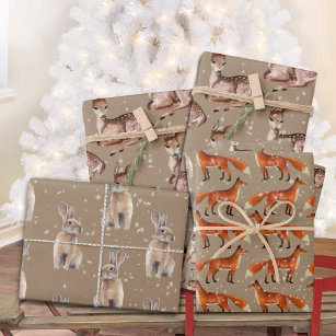 K-Kraft Printed Christmas Wrapping Paper Elegant Snow Birds-Deer-Ice Flowers Brown Kraft