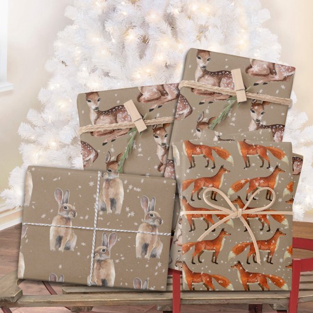 Rustic Kraft Red Fox Doe Hare & Snowflakes Wrapping Paper Sheets (Rustic Kraft Red Fox Doe Hare & Snowflakes Christmas Holiday Gift Wrapping Paper Sheets Trio)