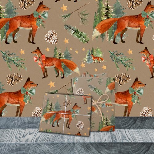 Rustic Kraft Red Fox In A Christmas Holiday Forest Wrapping Paper Sheets