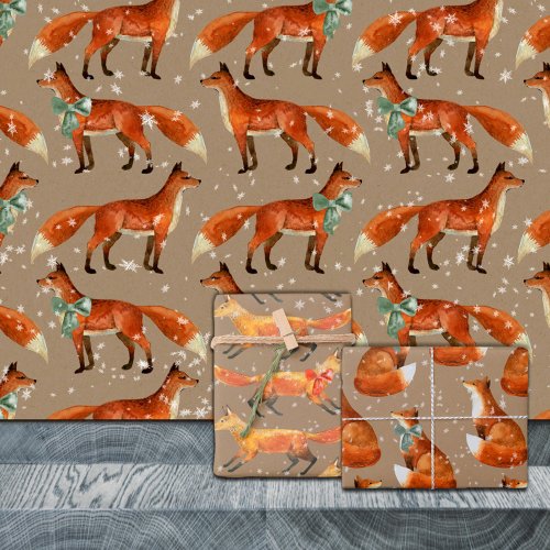 Rustic Kraft Red Fox With Bows And Snowflakes  Wrapping Paper Sheets