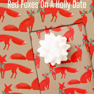 Rustic Kraft Red Foxes On A Holly Date Wrapping Paper