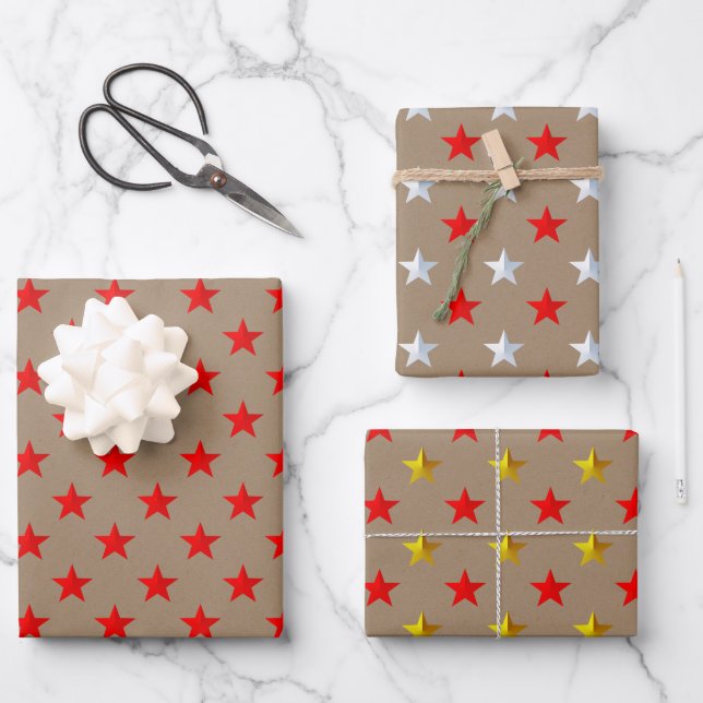 Rustic Kraft Red Gold Silver Stars Christmas  Wrapping Paper Sheets (Front)