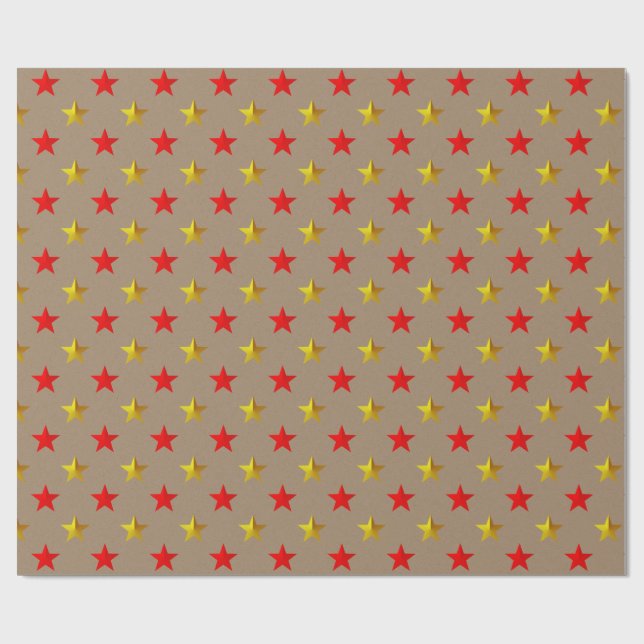 Rustic Kraft Red Gold Stars Holiday Wrapping Paper (Flat)