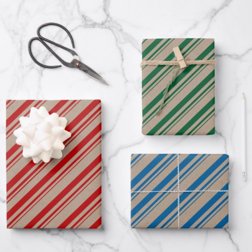 Rustic Kraft Red Green Blue Candy Stripes Wrapping Paper Sheets