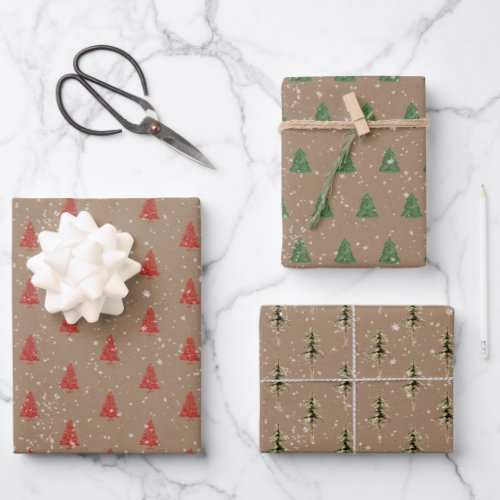Rustic Kraft Red  Green Christmas Trees Wrapping Paper Sheets