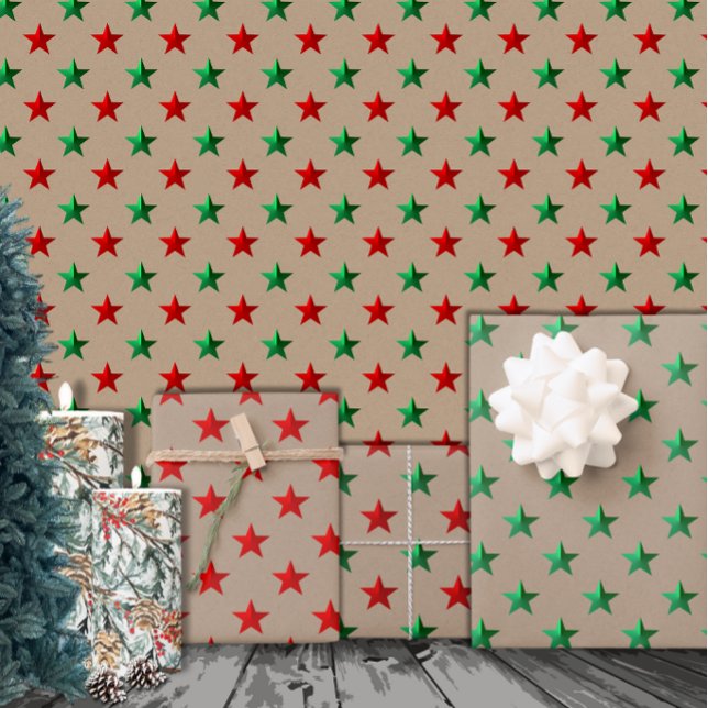 Rustic Kraft Red Green Stars Christmas Holiday Wrapping Paper Sheets (Creator Uploaded)