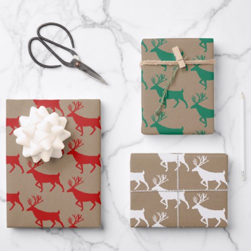 Rustic Kraft Red Green White Woodland Stag Wrapping Paper Sheets
