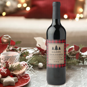 Rustic Kraft Red Plaid Pines Happy Holidays Wine Label