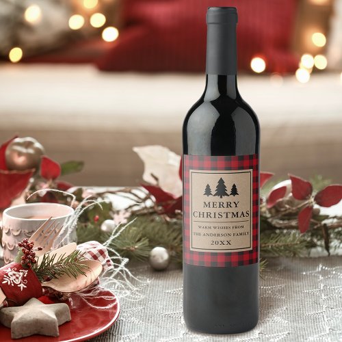 Rustic Kraft Red Plaid Pines Merry Christmas Wine Label