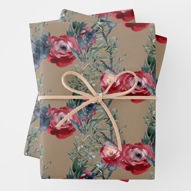 Rustic Kraft Red Roses Pine Spruce & Berries Wrapping Paper Sheets (In situ)