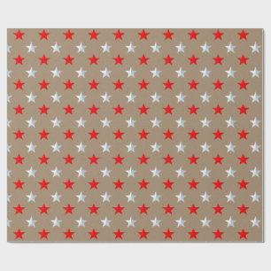 Rustic Kraft Red Silver Stars Holiday Wrapping Paper