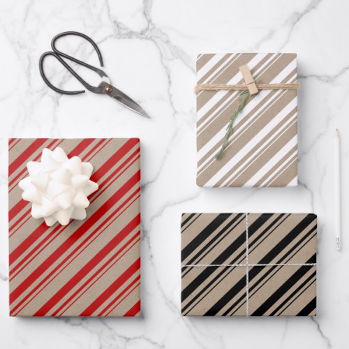 Rustic Kraft Red White Black Candy Stripes Wrapping Paper Sheets