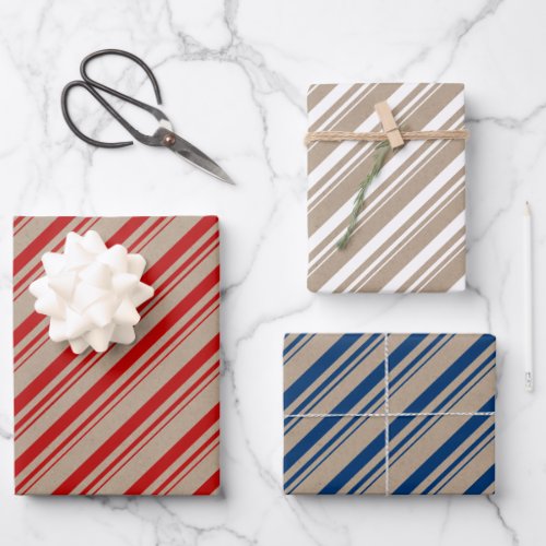 Rustic Kraft Red White Blue Candy Stripes Wrapping Paper Sheets