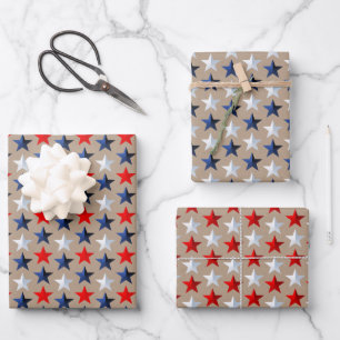 Rustic Kraft Red White & Blue US Flag Stars Wrapping Paper Sheets