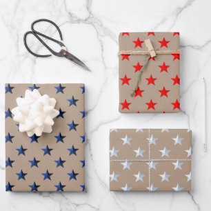 Rustic Kraft Red White & Blue US Flag Stars Wrapping Paper Sheets
