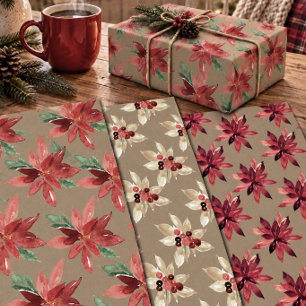 Rustic Kraft Red & White Foral Holiday Poinsettia Wrapping Paper Sheets