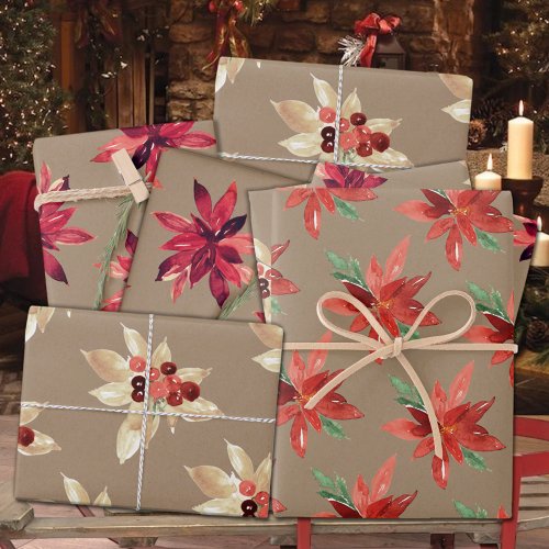 Rustic Kraft Red  White Foral Holiday Poinsettia  Wrapping Paper Sheets