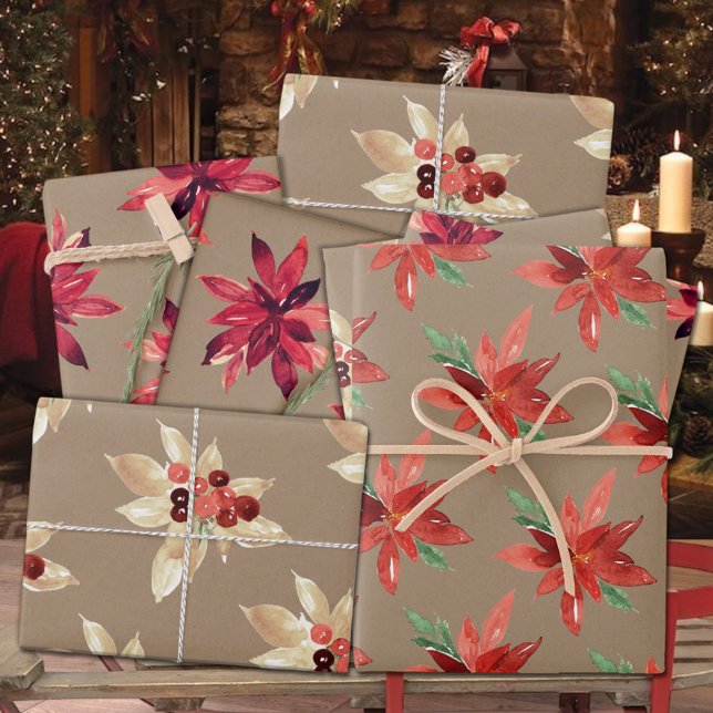 Rustic Kraft Red & White Foral Holiday Poinsettia  Wrapping Paper Sheets (Rustic Kraft Red & White Holiday Poinsettias Floral Gift Wrapping Paper Sheets Trio)