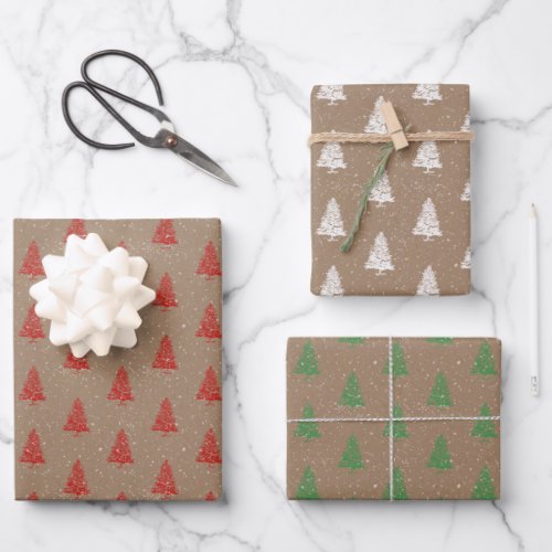 Rustic Kraft Red White Green Snowy Christmas Trees Wrapping Paper Sheets