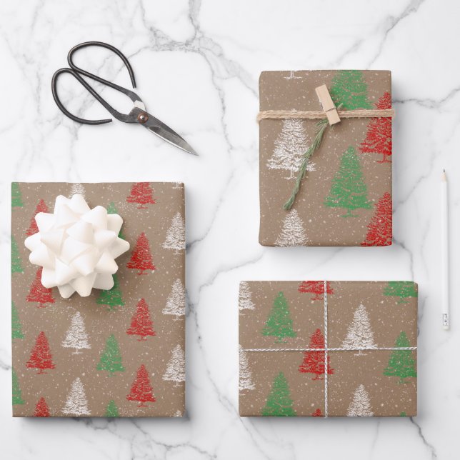 Rustic Kraft Red White Green Snowy Christmas Trees Wrapping Paper Sheets (Front)