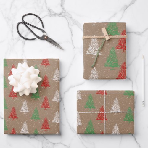 Rustic Kraft Red White Green Snowy Christmas Trees Wrapping Paper Sheets