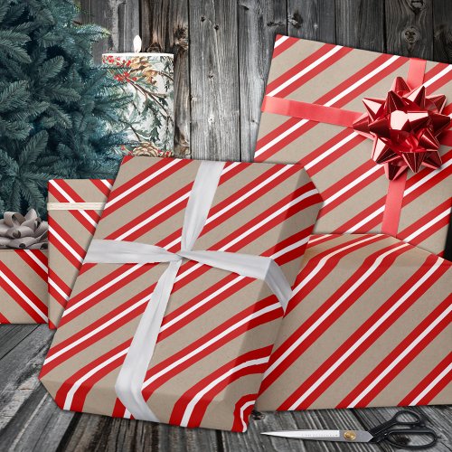 Rustic Kraft Red White Wide Stripe Holiday Wrapping Paper