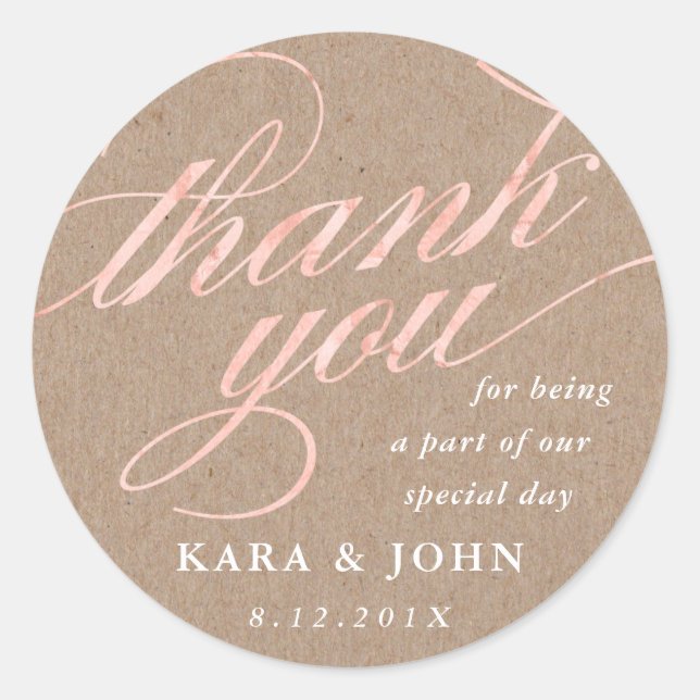 Rustic Kraft & Rose Gold Script Thank You Favor Classic Round Sticker (Front)
