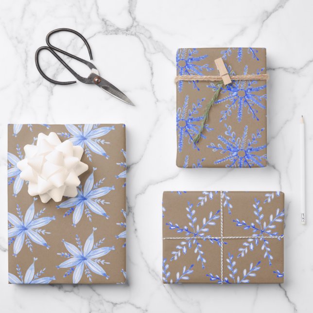 Rustic Kraft Scandinavian Blue Snowflakes Wrapping Paper Sheets (Front)