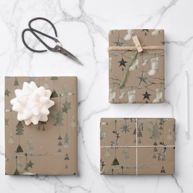 Rustic Kraft Scandinavian Hanging String Ornaments Wrapping Paper Sheets (Front)