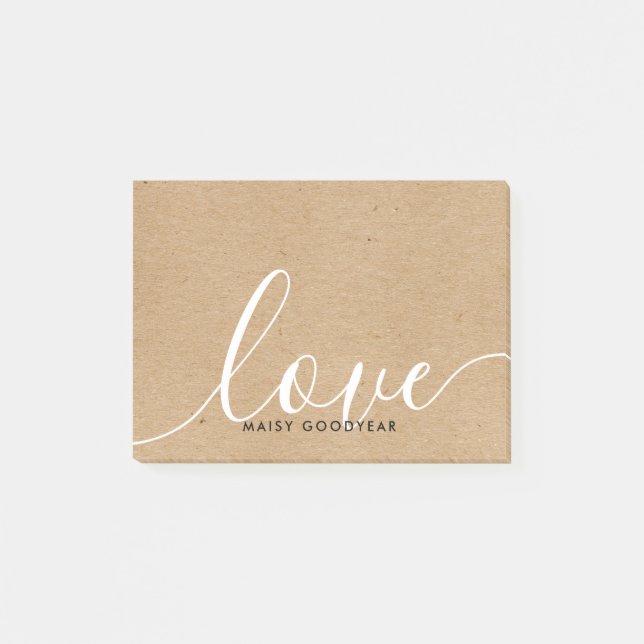Rustic Kraft Script Love Personalised Name Post-it Notes (Front)