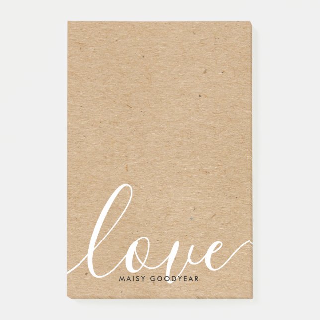 Rustic Kraft Script Love Personalised Name Post-it Notes (Front)