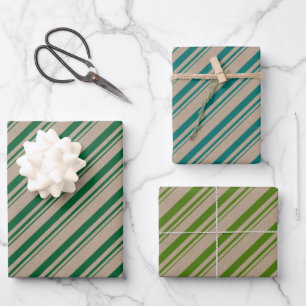 Rustic Kraft Shades Of Green Candy Stripes Wrapping Paper Sheets