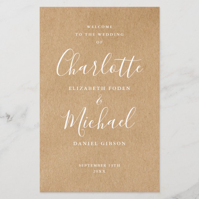 Rustic Kraft Signature Script Wedding Program (Front)