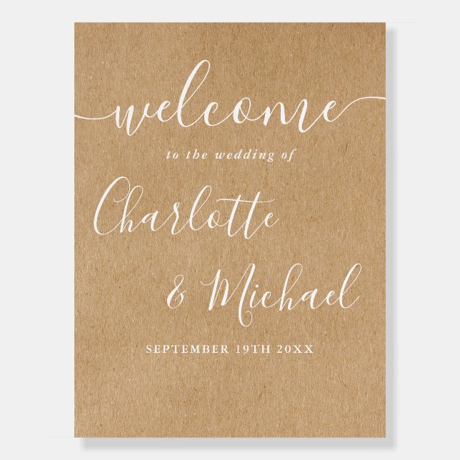 Rustic Kraft Signature Script Wedding Welcome Sign (Front)